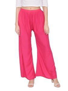 N-Gal Rayon Women's Wide Leg Elastic Waist Band Breathable Plain Palazzo Pant_Magenta