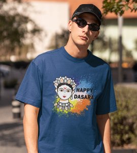 Happy Dasara (BG white) printed unisex adults round neck cotton half-sleeve blue tshirt specially for Navratri festival/ Durga puja