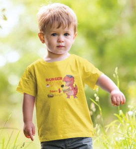 Foodie Dino, Boys Cotton Text Print Tshirt (Yellow) 
