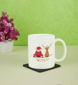 Sala Hume Kon Gift Dega? Santa and Deer Await Printed Coffee Mugs