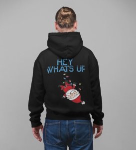 Santa Hanging on Lights Saying Hey Whats Up Printed Black Cotton Hoodie