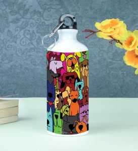 Charming Colorful and Cheerful Dog Characters Doodles Printed Aluminium Water Bottle 600ml