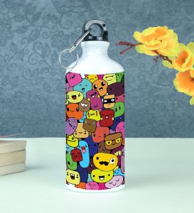 Creative Little Mobs with Funny Emotions Doodles Printed Aluminium Water Bottle 600ml