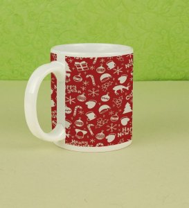 Cheerful Festive Symbols on Red Christmas Wrapping Full Printed Coffee Mug