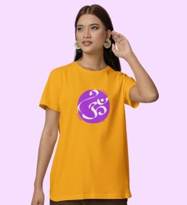 Om! Yellow Round Neck Cotton Half Sleeved Women T-Shirt with Printed Graphics