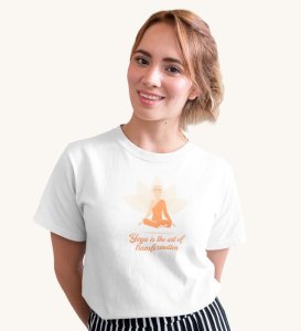 Self Transformation White Round Neck Cotton Half Sleeved Women T-Shirt with Printed Graphics