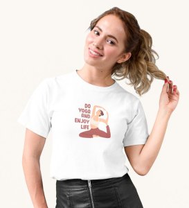 Stretch Into Happiness White Round Neck Cotton Half Sleeved Women T-Shirt with Printed Graphics