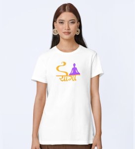 Yoga Is Enough White Round Neck Cotton Half Sleeved Women T-Shirt with Printed Graphics