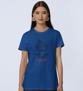 Love For Yoga Blue Round Neck Cotton Half Sleeved Women T-Shirt with Printed Graphics