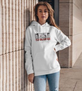 Eyes That Hold Depth and Mystery Cotton White Hoodie for Women